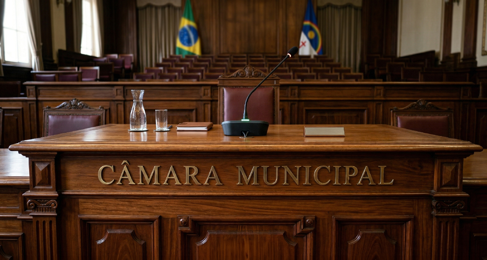 Imagem de bancada do plenário de câmara de vereadores 