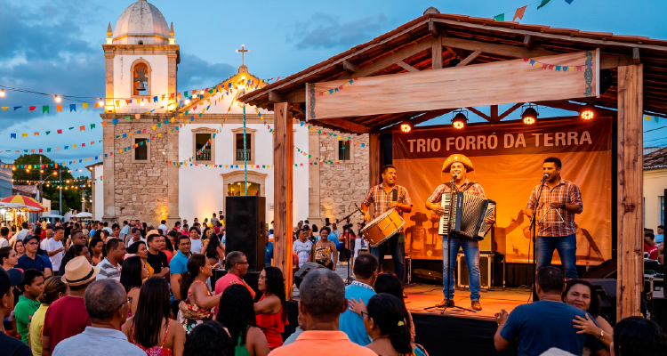 Imagem de banda de forró tocando em palco de frente ao público