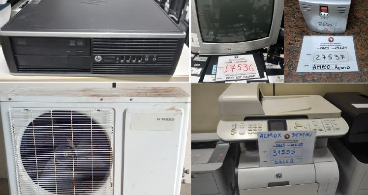 Colagem de fotos mostra aparelho de ar condicionado, computador, impressora e estabilizador