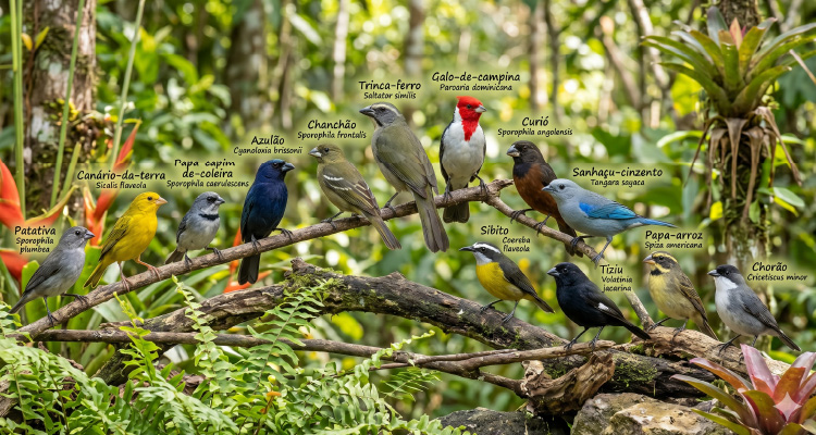 Imagem com vários pássaros em um galho de árvore