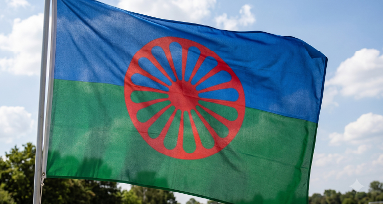 Fotografia da bandeira dos povos ciganos