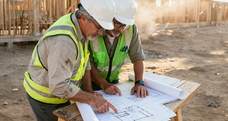 Imagem de trabalhadores analisando planta de obra
