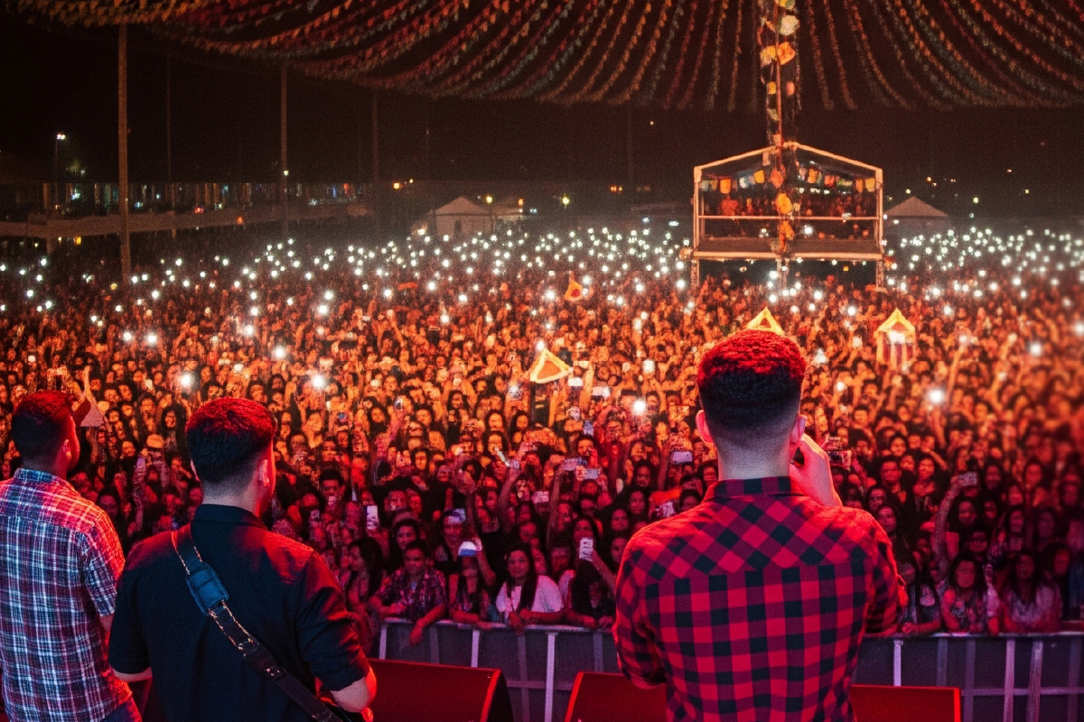 Fotografia de artistas em cima de palco de frente para o público