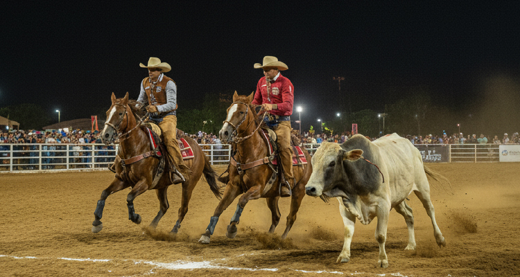 Imagem de peões galopando atrás de um boi