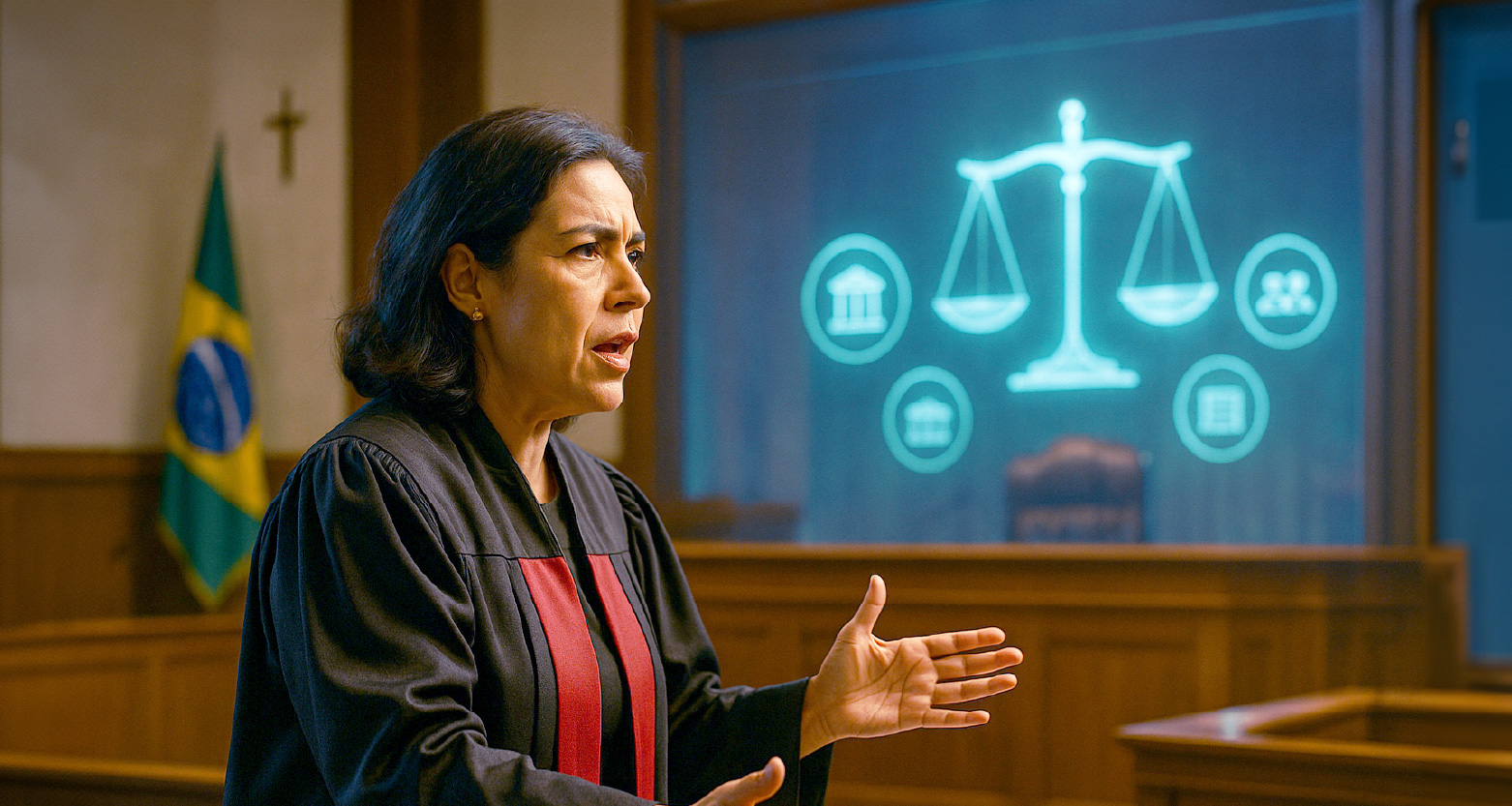 Imagem gerada por IA de Promotora de Justiça no tribunal