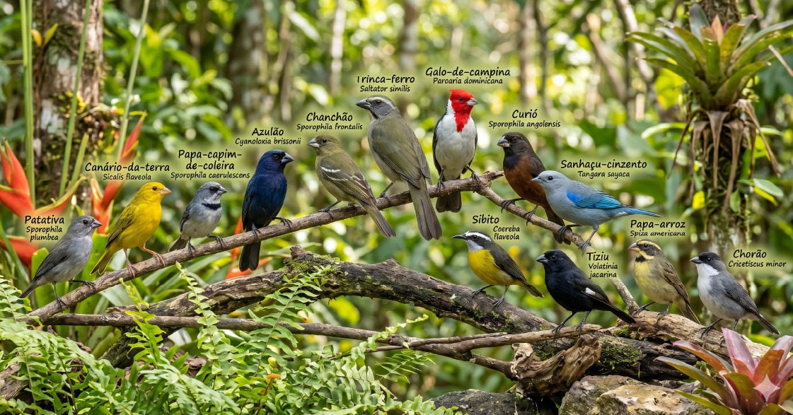 Imagem com vários pássaros em um galho de árvore